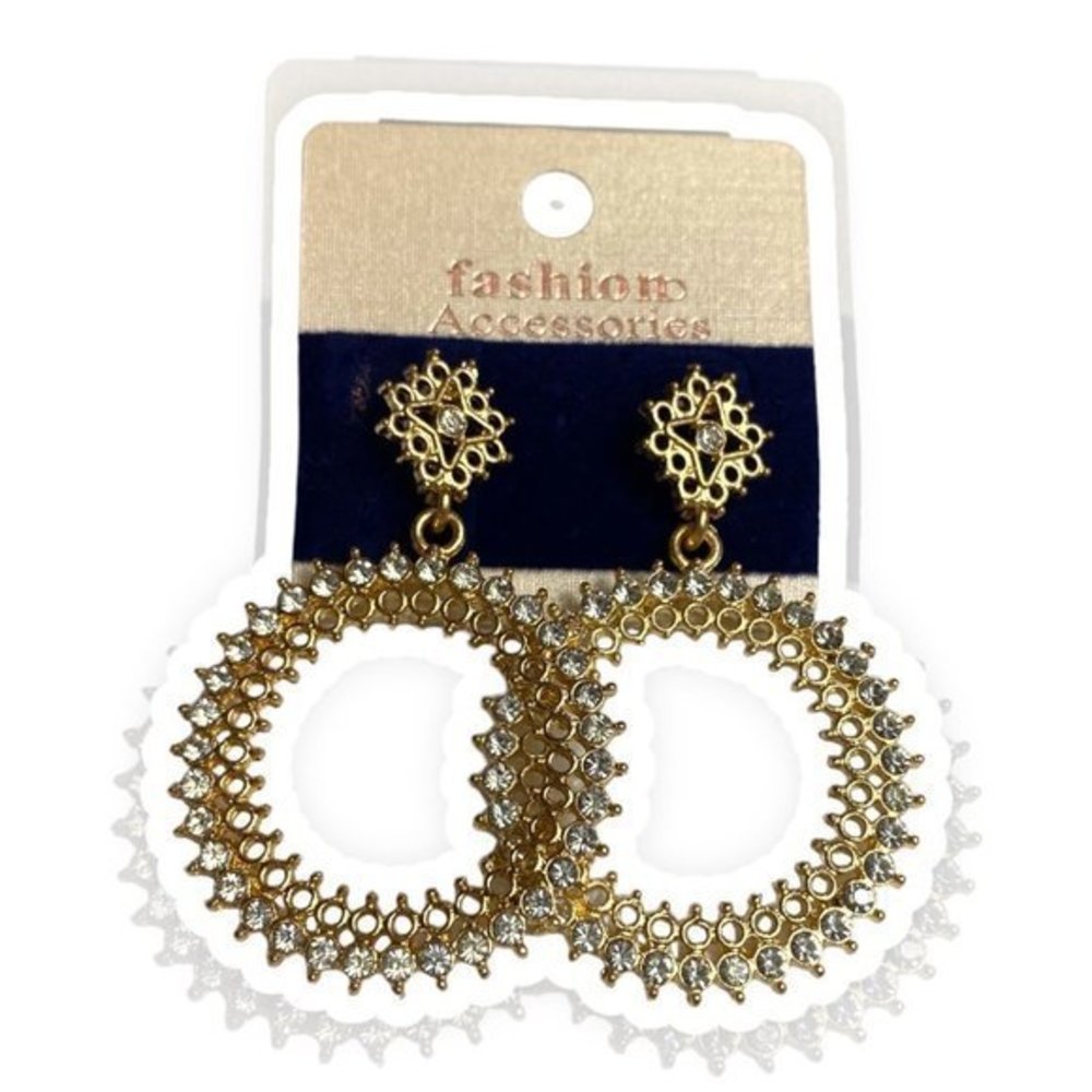 Gold Lotus Sutra Rhinestone Hoop Dangle Earrings